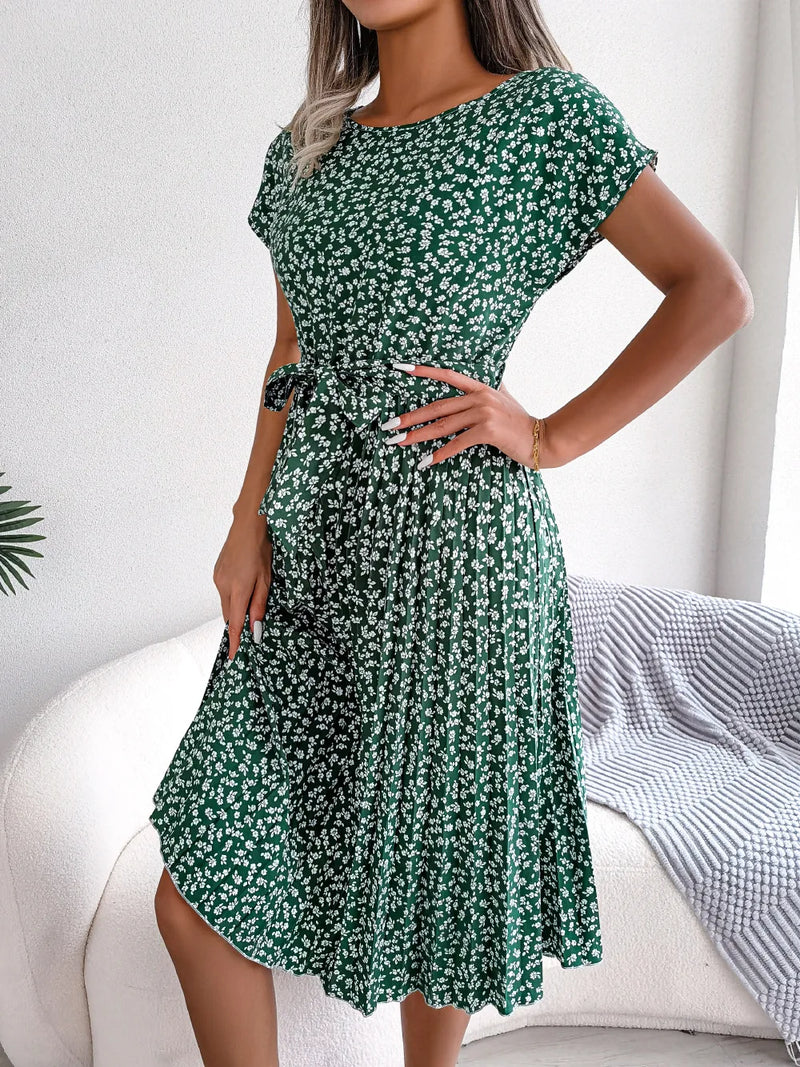 Women Spring Summer Short Sleeve High Waist Chic Dress Fashion Floral Pleated A Line Long Dress