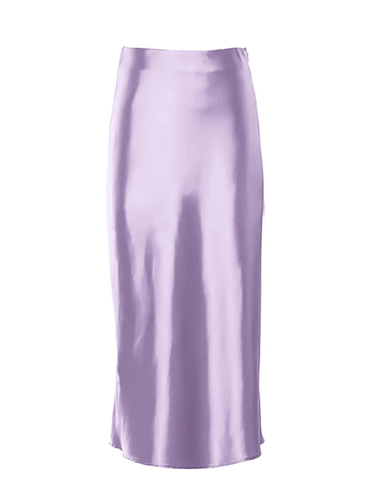 Mnealways18 Solid Purple Satin Silk Skirt Women High Waisted Summer Long Skirt New 2024 Elegant Ladies Office Skirts Midi Spring