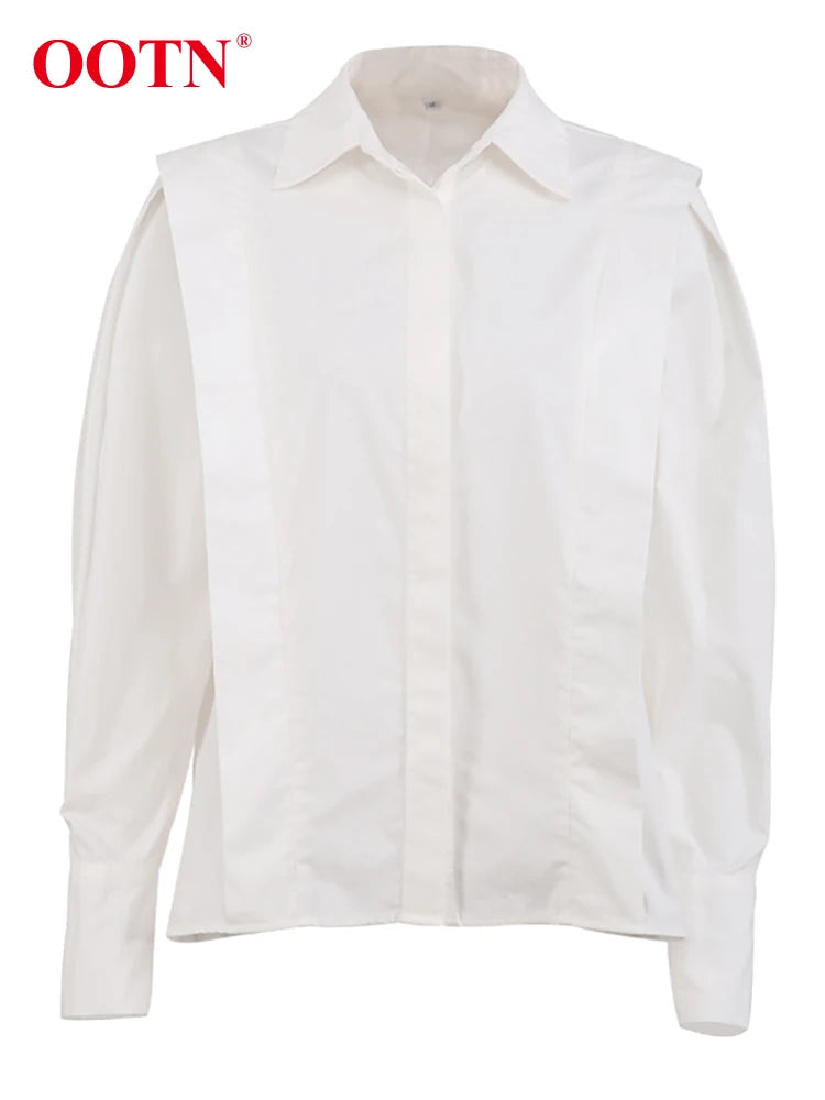 OOTN Elegant Blouses Women Cotton Shoulder Pads Lapel White Shirt Female Office Buttons All-Match Spring 2023 Wild Blusas Funky