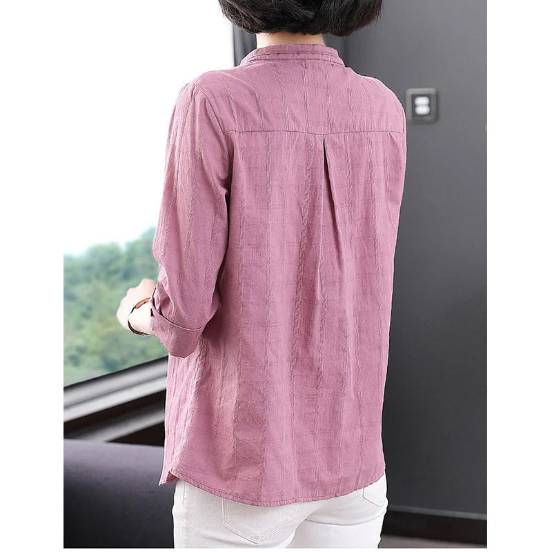 2022 New Summer Cotton Linen Fashion Casual Vintage Plaid 3/4 Sleeve Oversized Comfortable Simple Shirt Blouse Female Loose Top