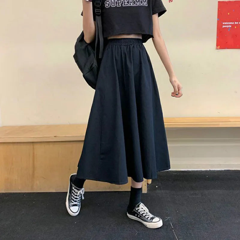 Skirts Women Simple Solid Leisure Loose Popular 3XL Long Skirt Korean Style Elastic-Weight A-line Student Streetwear Trendy BF