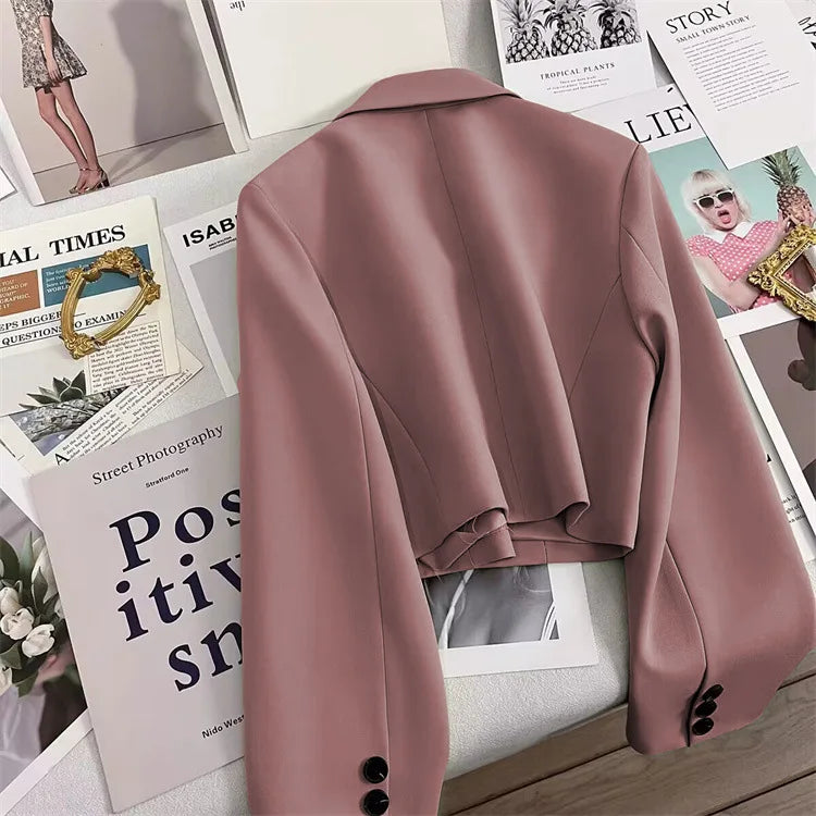 Korean Cropped Blazers Women Autumn Solid Color Simple Single-button Outwear Teens All-match Long Sleeve Office Lady Suit Jacket