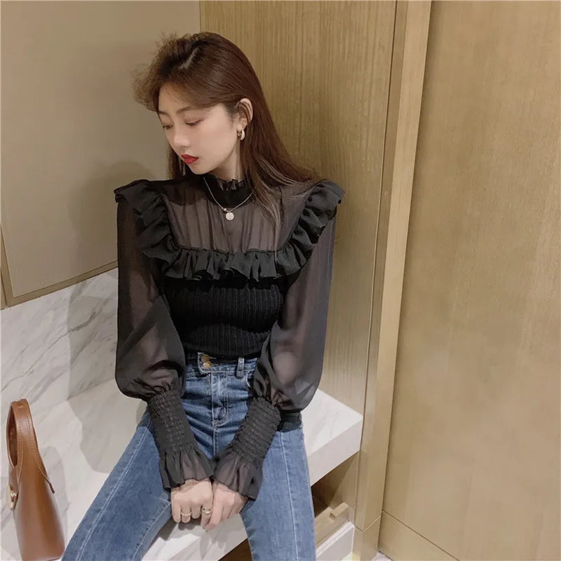 Gagarich Women Sweater Winter Autumn French Sweet Temperament Female Mesh Stitching Frill Design Solid Color Pullovers