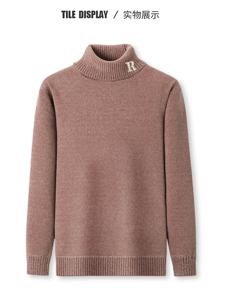 Luxury brand sweater men's high neck designer new trend R embroidery casual Korean top winter plush thick warm knitted pullover