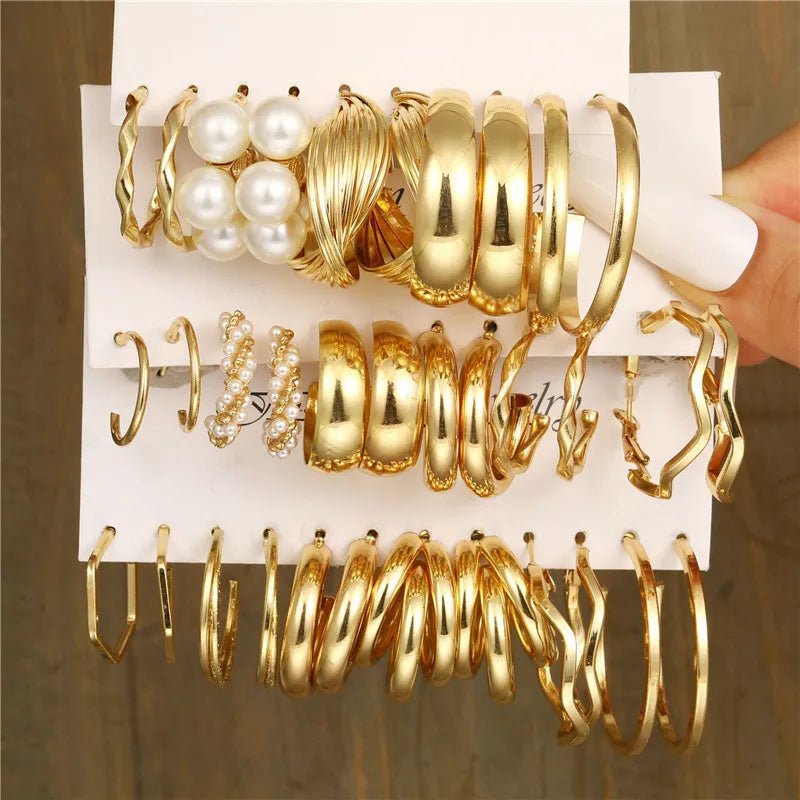 Boho Big Circle Hoop Earring Set for Women, Gold Color Bohemia Vintage Pearl Earring, Heart Zircon Ear Studs Jewelry Gifts