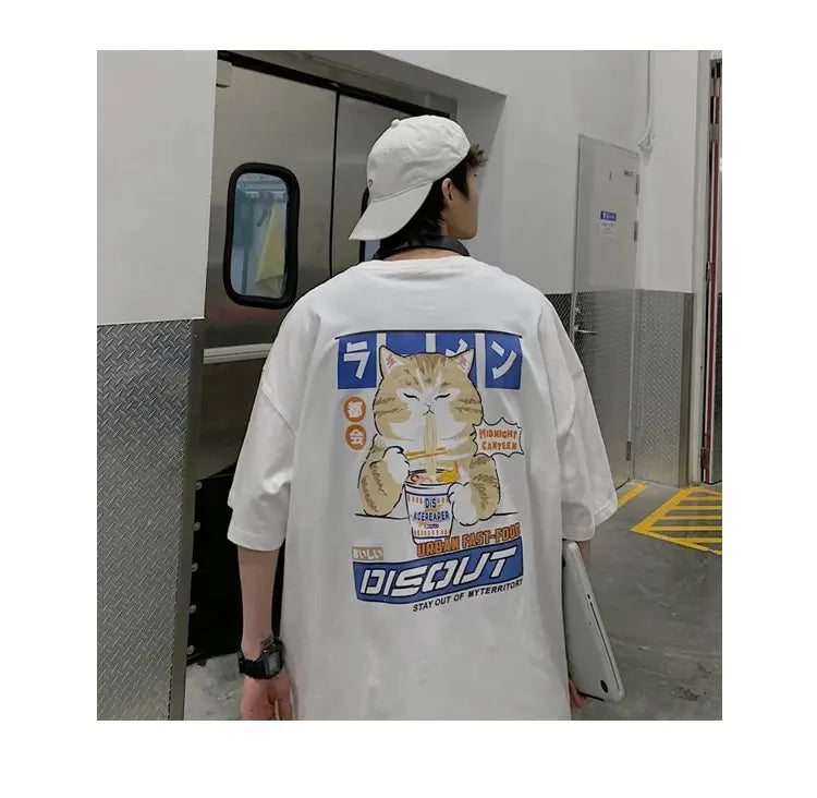 100% Cotton Men's T-shirts Japanese Style Cat Anime Graphic Tops Short Sleeve Summer Oversized Clothing O-neck Male Tees