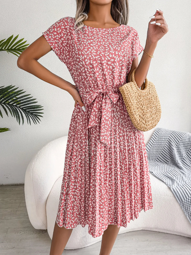 Women Spring Summer Short Sleeve High Waist Chic Dress Fashion Floral Pleated A Line Long Dress