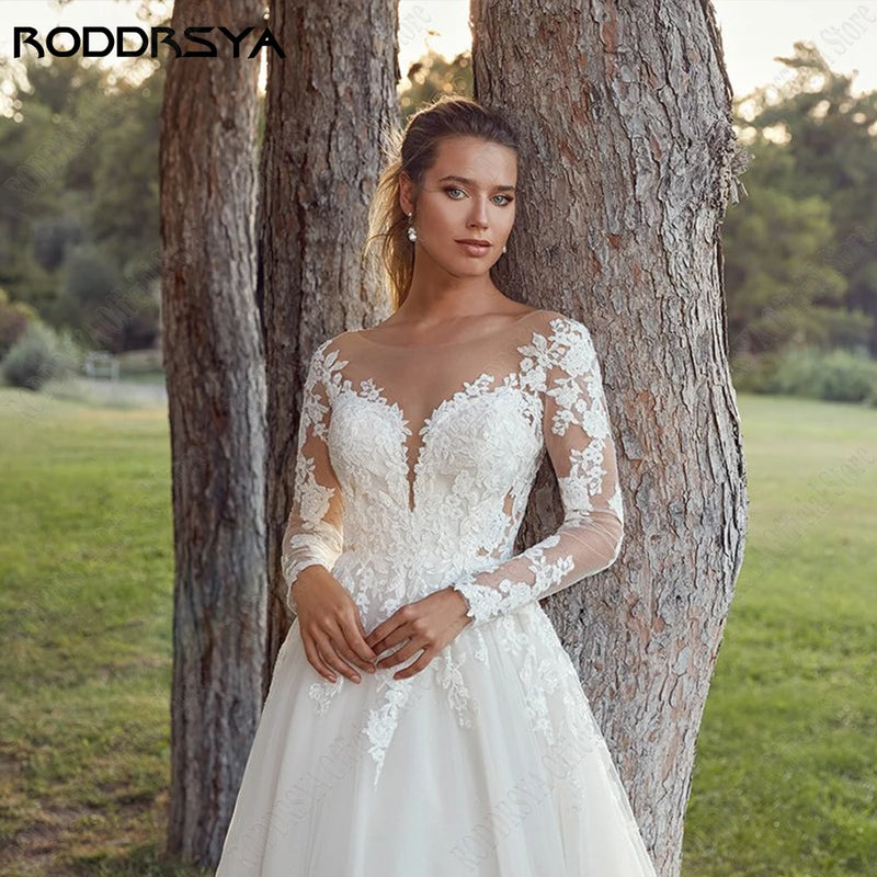 RODDRSYA Pastrol Wedding Dresses For Woman Long Sleeves Illusion Back Scoop Bride Gowns Applique A-Line Tulle vestidos de novia