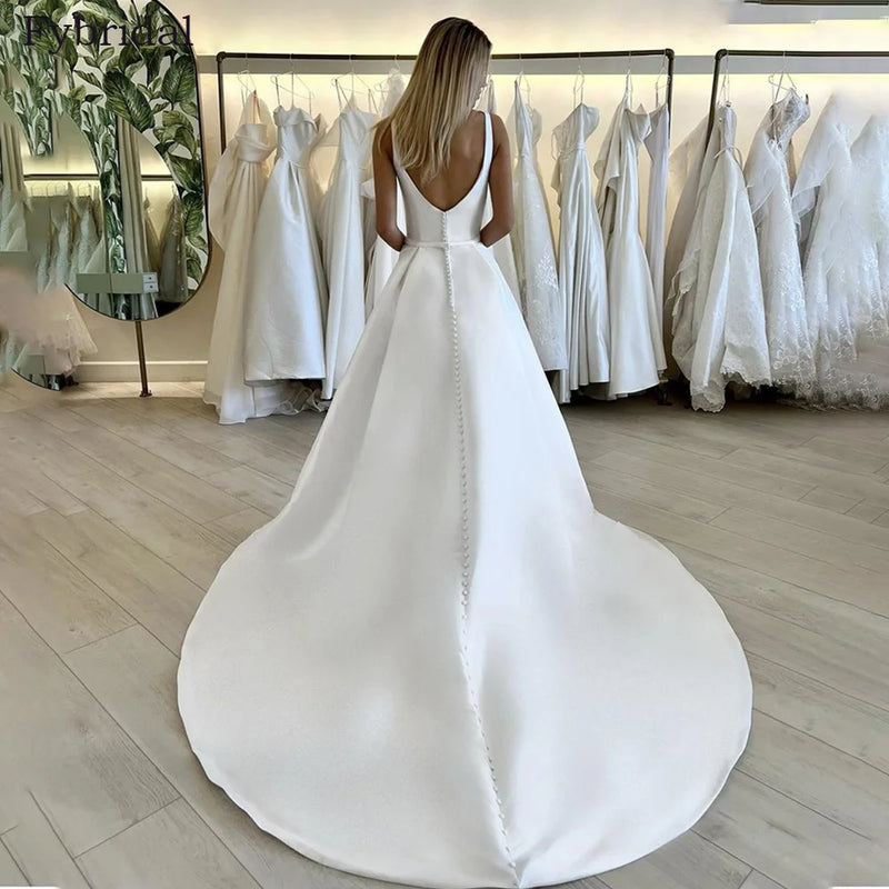 Simple A Line Wedding Dress Spaghetti Straps Square Collar Satin Backless Side Slit Bridal Gowns Vestidos De Novia Custom Made