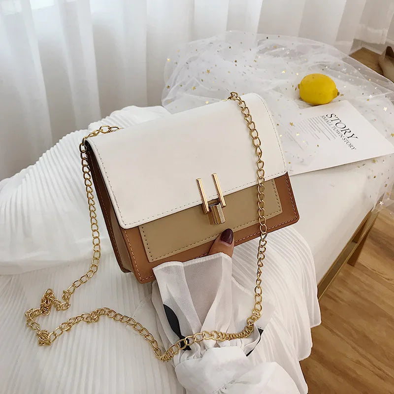 2023 Fashion Small Women Bags All-match Chain Shoulder Bag Ladies Hit Color Stitching Bag Messenger Bag PU Mini Square Bag Purse