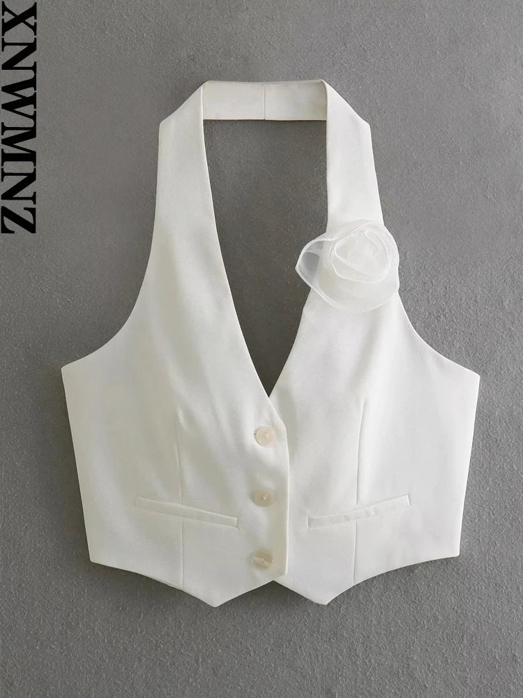 XNWMNZ 2024 Women's Fashion Flower Applique Backless Waistcoat Women High Street V-neck Halter Front Button Slim Female Vest