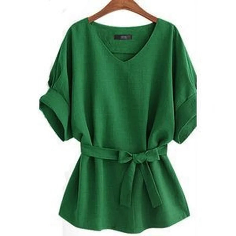 Women's T-shirt V-Neck Green Blouses Tops Women 2024 Casual Cotton Linen Solid Short Sleeve Shirt Summer Clothes for Women