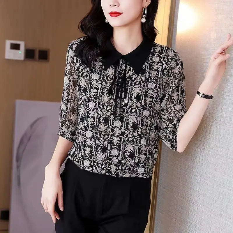 Vintage Printed Lapel Lace Up Bow Oversized Chiffon Shirt 2022 Summer Casual Tops Loose Elegant Women's Clothing Commute Blouse