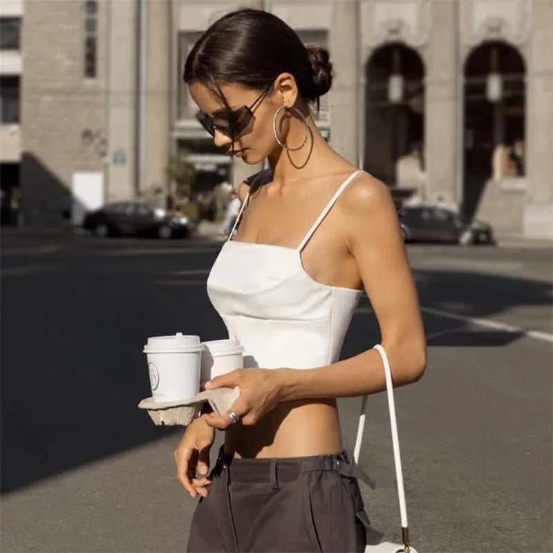 Spaghetti Strap Tank Top Sexy Backless Bandage Skinny Crop Tops 2024 Summer Elegant Lace Up Party Streetwear Women Camis