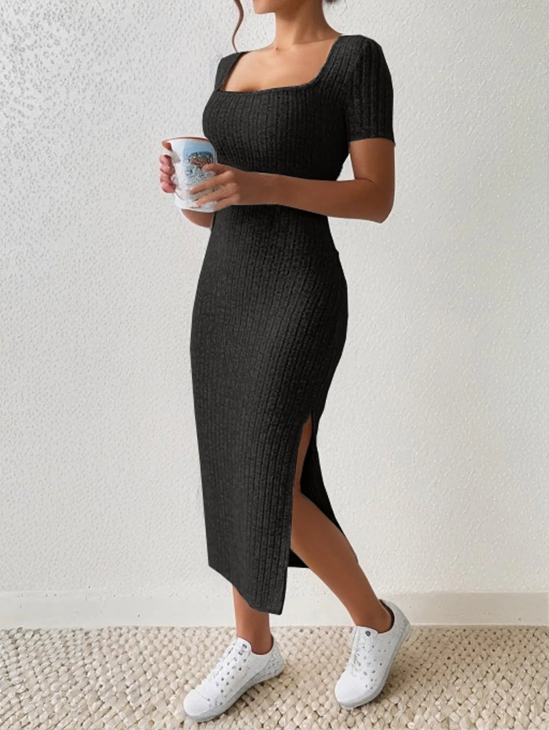 Summer Square Neck, Hip-Hugging Mid-Length Skirt, Short-Sleeved, Versatile Knitted Slit Dress