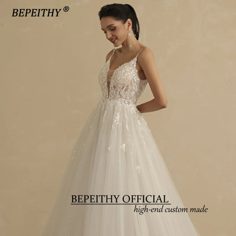 BEPEITHY Deep V Neck Spaghetti Straps A Line Lace Wedding Dresses For Women 2022 Glittler Sleeveless Boho Bridal Party Gown