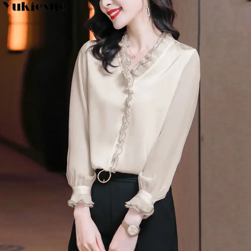 BLUSAS 2022 Spring New Office Lady Long Sleeve Pullovers Lace Ruffles Chiffon Shirts Women's Clothing Vintage Elegant Blouse 4XL