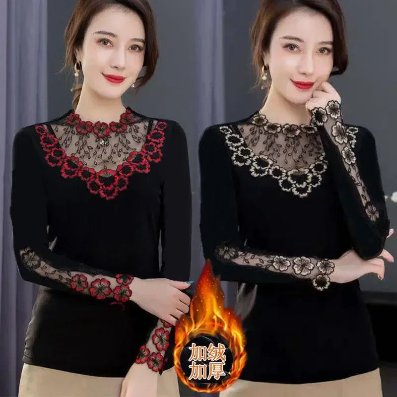 Blouse Women 2020 New Lace round Neck Fall Women's Clothing Mesh Long Sleeve Blusas Ropa De Mujer