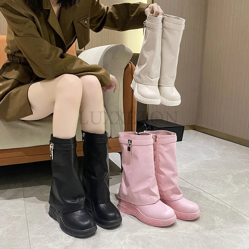 Luxury Fashion Women’s The Knee Boots New Platform Wedge Heel Boots  Round Toe Shoes Shark Lock Vintage Long Boots