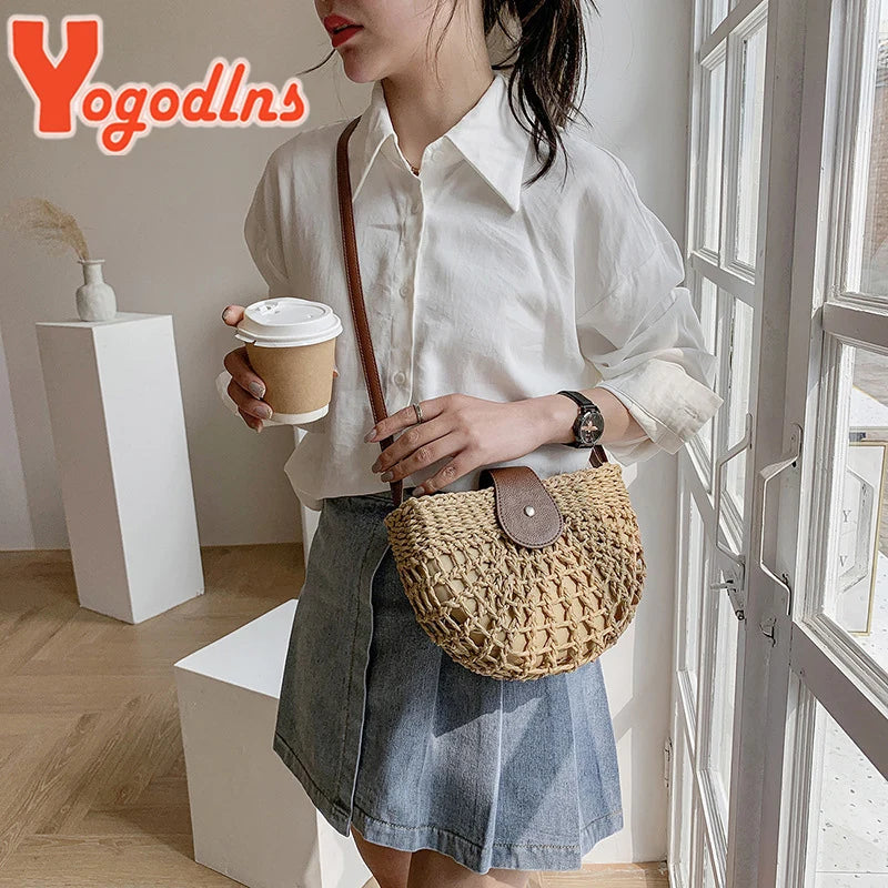 Yogodlns Summer Straw Bag For Women Fashion Semicircle Crossbody Bags Rattan Handmade Messenger Handbag Travel Beach Bags Tote