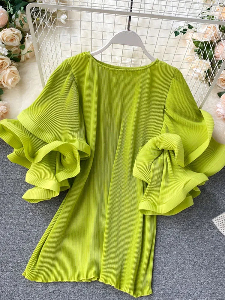 Women's Shirt Ins Design Sense Butterfly Sleeve Loose Pleated Chiffon Female Summer Solid Tops New Tide Blouse ML876