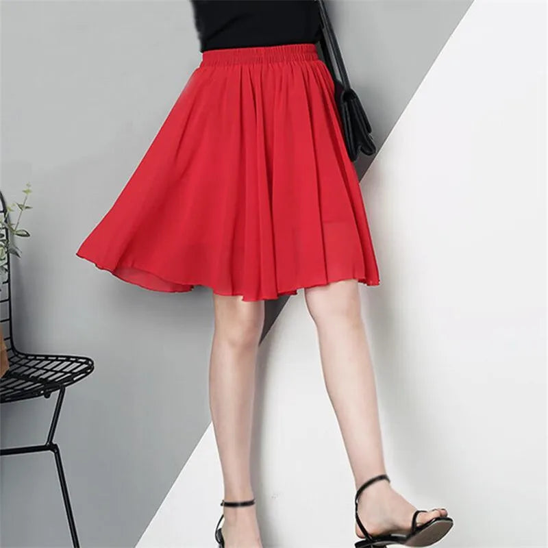 2024 Summer sexy Chiffon Pleated Elastic Skirt Casual Vintage High Waist Skirts Womens Midi Vestidos red black mini etekler