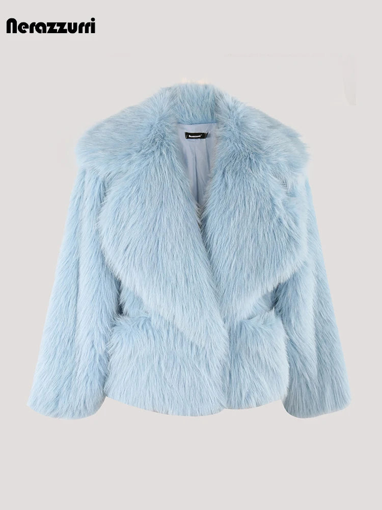 Nerazzurri Winter Short Loose Casual Hairy Soft Thick Warm Pink Faux Fur Coat Women with Big Collar and Pockets Fluffy Jacket