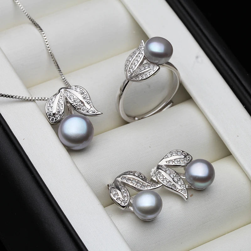 Pearl Earrings Necklace Pendant Ring For Women Natural Freshwater White Pearl Jewelry Set 925 Sterling Silver Jewelry Sets Gift