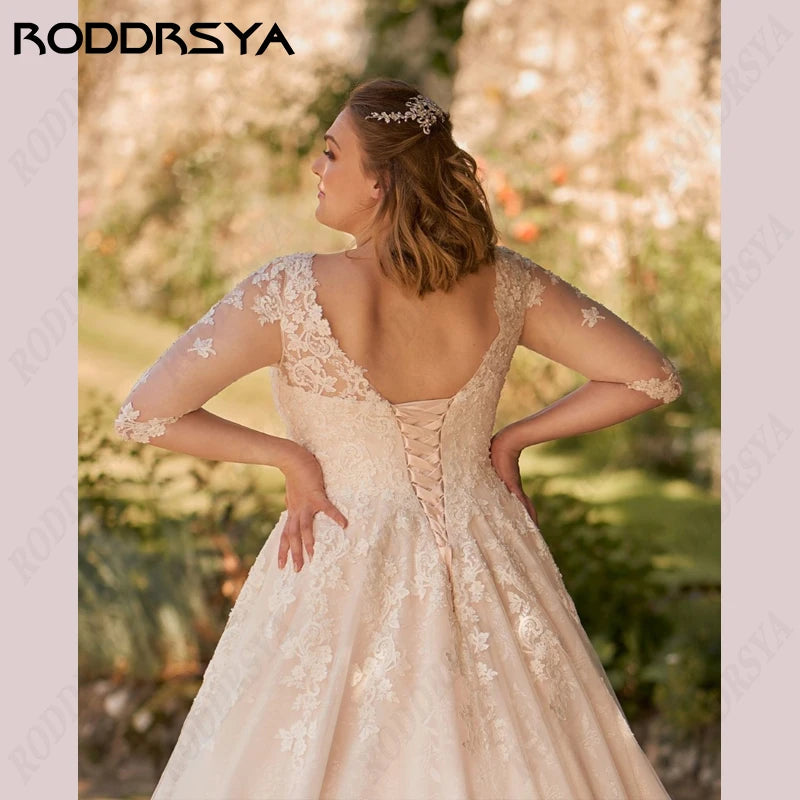RODDRSYA Boho Tulle Wedding Dress Princess A-Line V-Neck 3/4 Sleeves Bride Party Appliques Illusion Backless Lace Up Bridal Gown