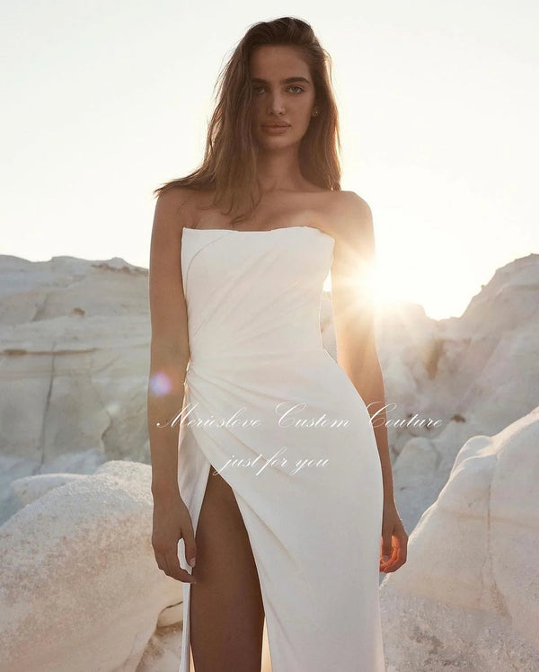 Merioslove Simple Soft Satin Mermaid Wedding Dresses Strapless Sleeveless Side Split Beach Bride Dress robe de mariée 2024