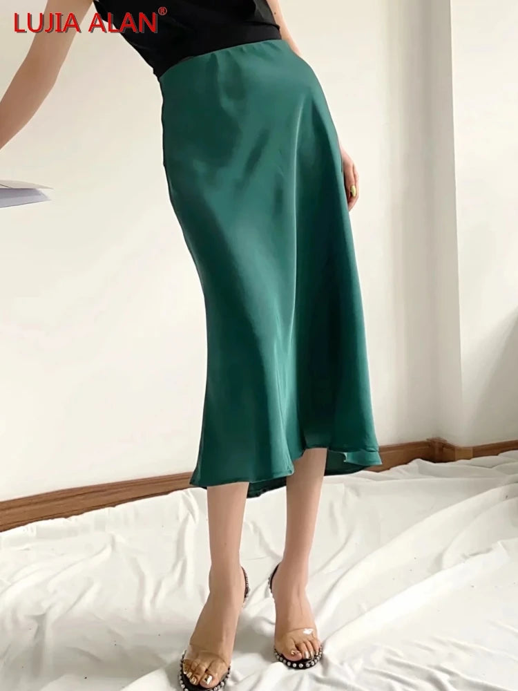 Hot Sale Solid Satin Elastic Waist Women A-Line Skirt Summer Female Slim Falda Midi LUJIA ALAN P1596