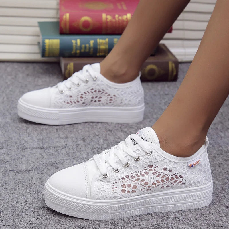 Women Shoes 2022 Fashion Summer Casual White Shoes Cutouts Lace Canvas Hollow Breathable Platform Flat Shoes Woman Sneakers