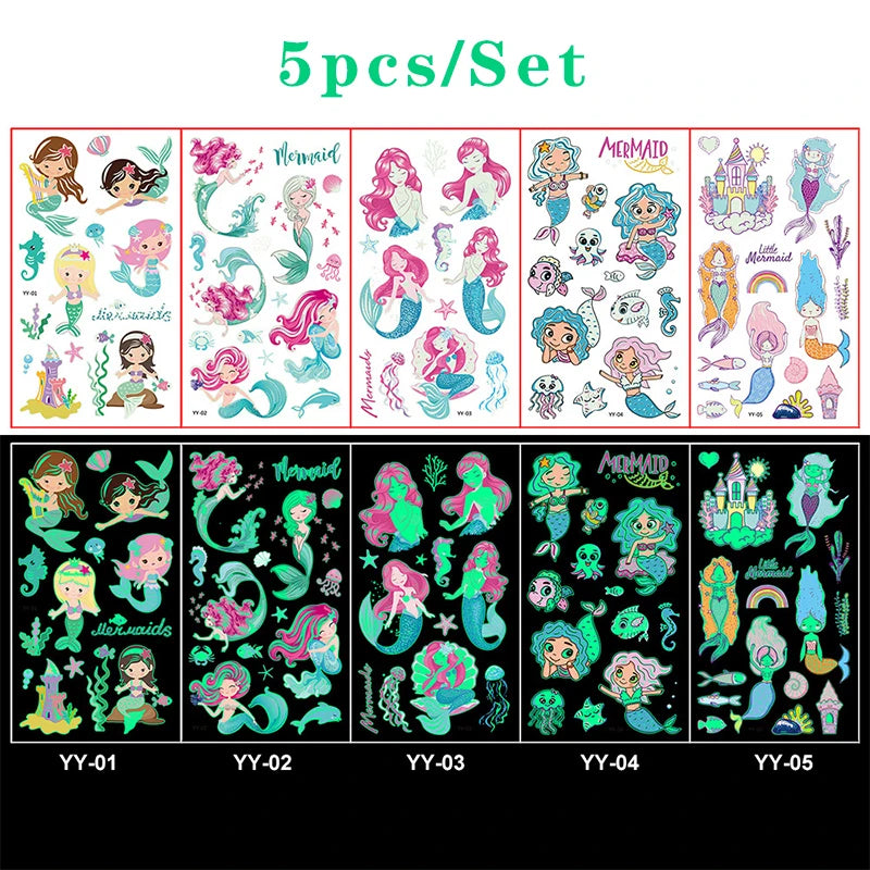 Luminous Tattoo 5 10pcs/Set Temporary Tattoos Mermaid Licorne Children Stickers for Kids Pokemon Tattoo Tattoo for Kids Unicorn