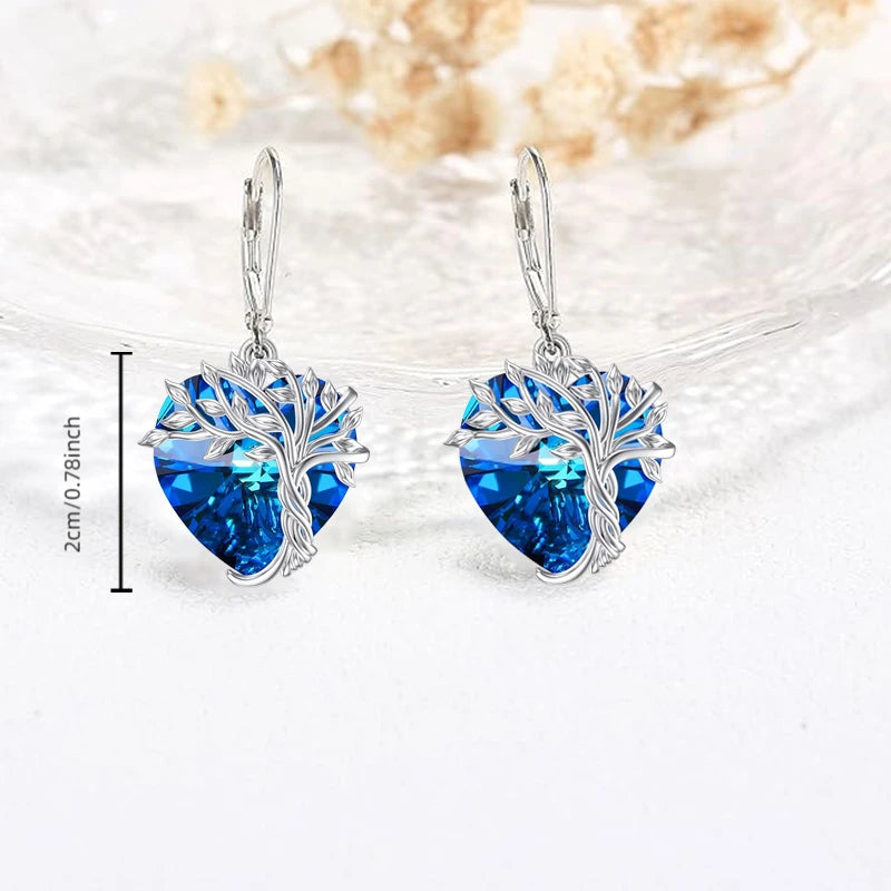 Family Tree Of Life Pendant Necklace Earring Set Blue Crystal Pendant Birthday Party Anniversary Christmas Gift Mother's Day