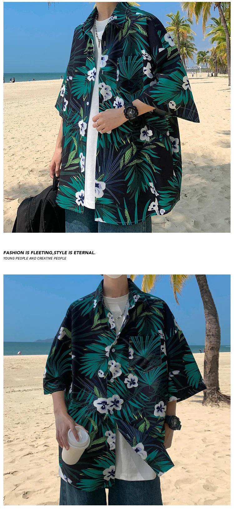 Hawaiian Flower Shirt Men's Graffiti Printed Short Sleeve Shirt Trendy American Cuban Collar Beach Shirt Couple's Clothing