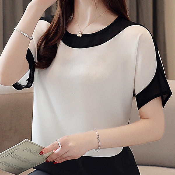 Blouses Summer White Blouse Short Sleeve Blouse Women Blusas Mujer De Moda 2023 Verano O-Neck Chiffon Blouse Shirt Tops E753