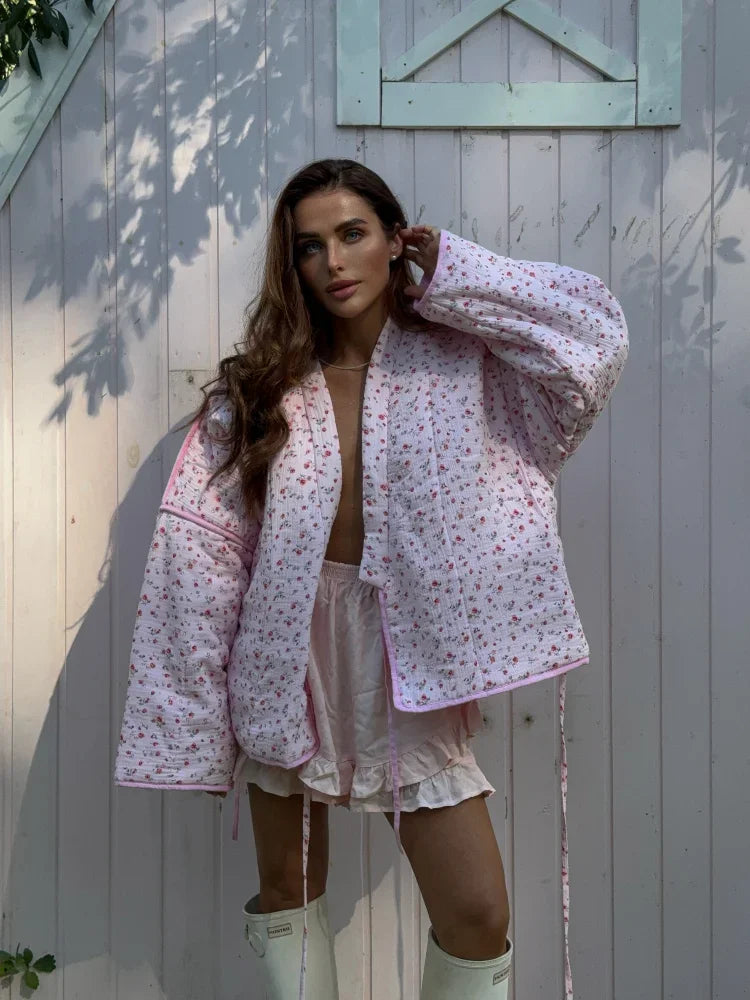 2024 New Pink Floral Cotton Coats Women Fashion V-neck Full Sleeve Lace Up Loose Jacket Autumn And Winte Chic Warm Lady Outwear