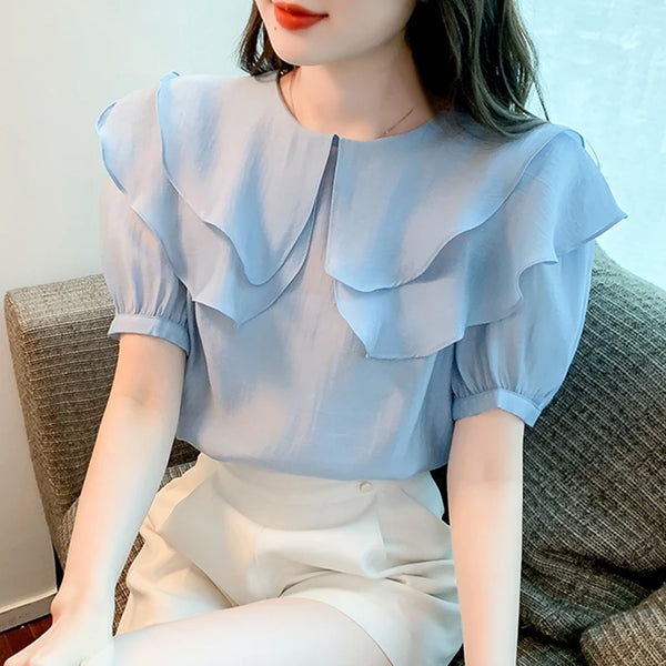 Summer Chiffon Blouses Women Casual Shirts 2024 Vintage Short Sleeve Blusas Mujer Korean Style White Puff Sleeve Ladies Tops y2k