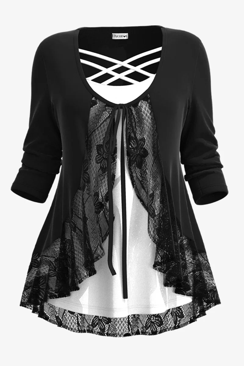 Plus Size Casual Lace Cross Strap Lace-Up Fake Two Piece Blouse Summer New Fashion Female O-Neck Long Sleeve Pullovers 2024