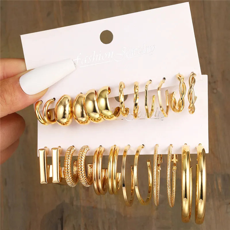 Boho Big Circle Hoop Earring Set for Women, Gold Color Bohemia Vintage Pearl Earring, Heart Zircon Ear Studs Jewelry Gifts