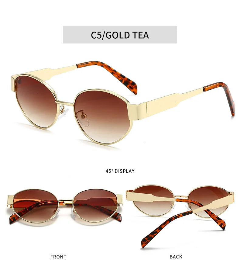 Trendy Oval Sunglasses for Women 2024 Luxury Brand Designer Metal Frame Sun Glasses Ladies Classic Vintage Round Shades Unisex