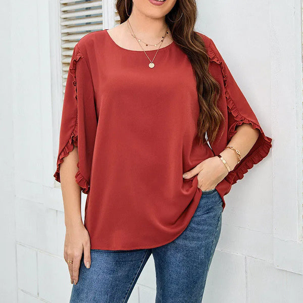 Plus Size Women Clothing Autumn Fashion Ruffled O Neck Half Sleeve Solid Loose Chiffon Shirt Blouse Office Ladies Tunic Tops 4XL