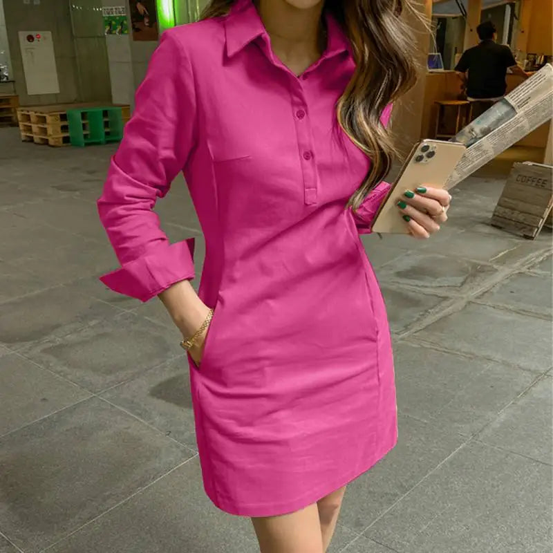 VONDA Women Dress Summer Elegant Long Sleeve Solid Color Shirt Sundress 2024 Casual Loose Buttons Pockets Short Mini Vestidos