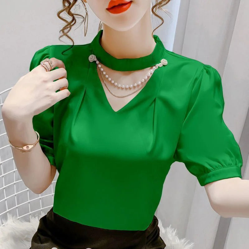 Women Summer Style Blouses Shirts Lady Fashion Casual Puff Short Sleeve O-Neck Solid Pearl Blouses Tops WY0227