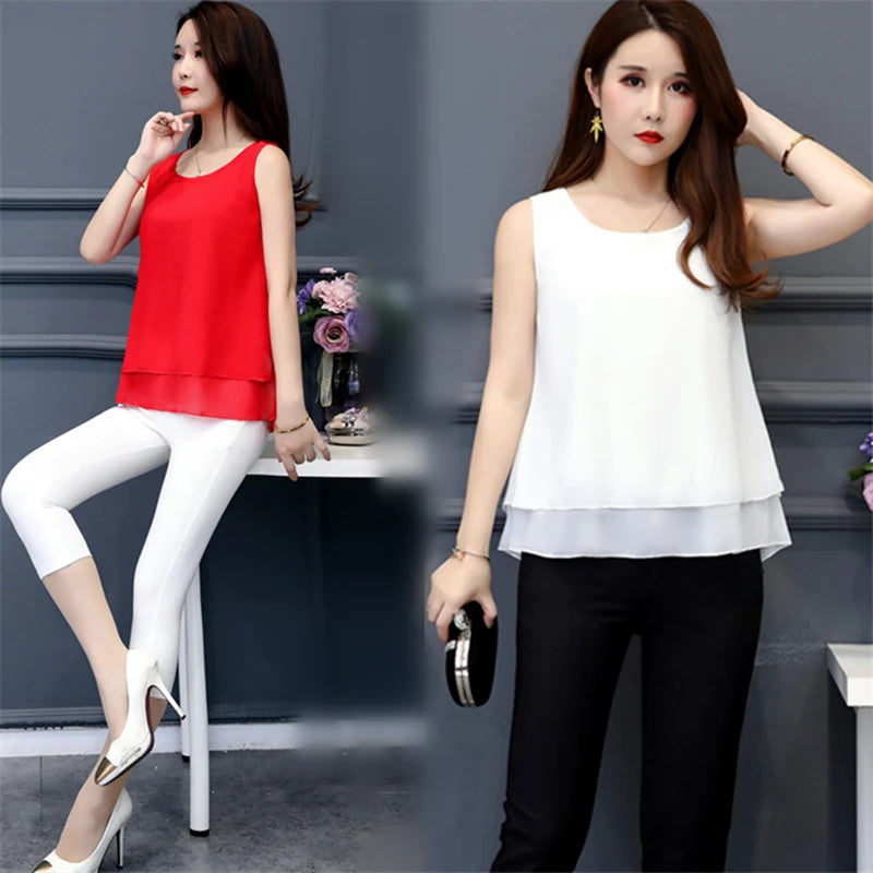 2022 Fashion Summer Chiffon Blouses Women Solid Loose blouse Sleeveless O-Neck Tops 13 Colors Blouse Shirts Tops blusa feminina