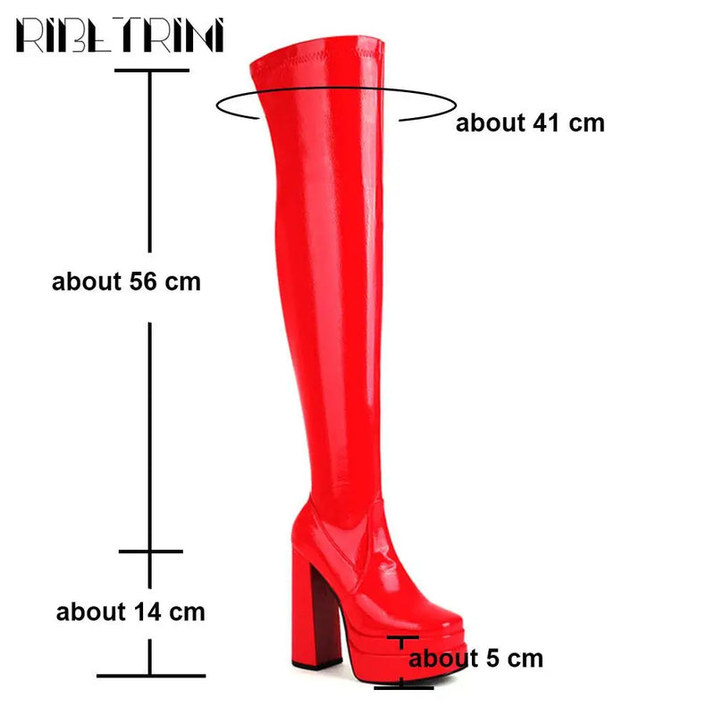 Sexy Women GO GO Boots Over Knee High Zipper Chunky High Heel Double Platform Shoes Luxury Elegant Trendy Party Dress Boots
