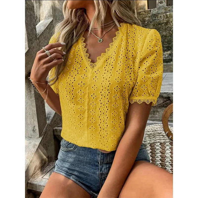 2022 Summer New Office Lady Elegant Fashion Lace Spliced Hollow Solid Shirt V-neck Puff Sleeve Leisure Pullover Blouse Femme
