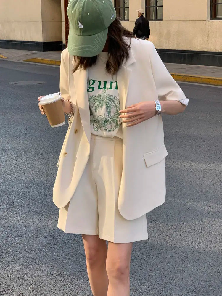 Clothing White 2024 Sleeve Summer Korean Style Blazer and Shorts Suit for Woman Kit Women's Short Pants Sets Complete Two Pieces