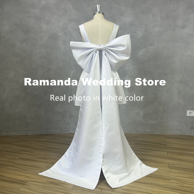 Ramanda Sexy Spaghetti Straps Square Collar Satin Short Wedding Dress Simple Backless Mini Above Knee Bridal Gown Robe De Mariee