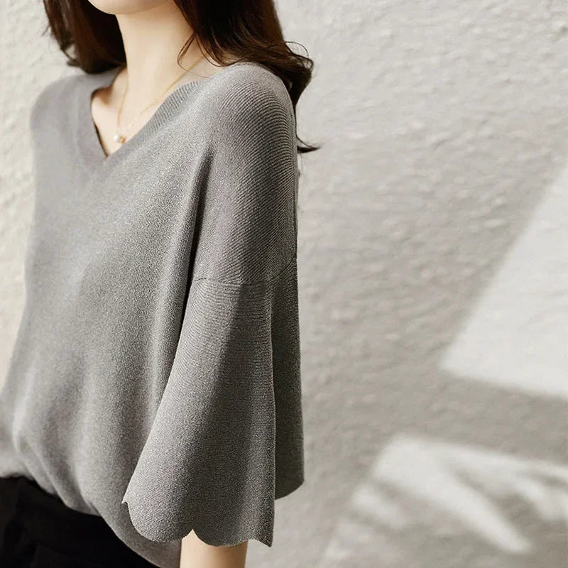 Women's Summer Knitting Shirt Petal Sleeve V-neck Top Loose Short Sleeve Ice Silk Sweater Thin Style Women's Fashion Shirt 14799